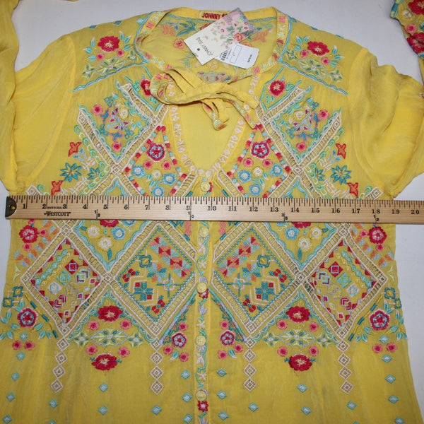 Johnny Was Top NEW $275 Sz S Yellow Red Multi Colored Embroidered 100% Poly Top