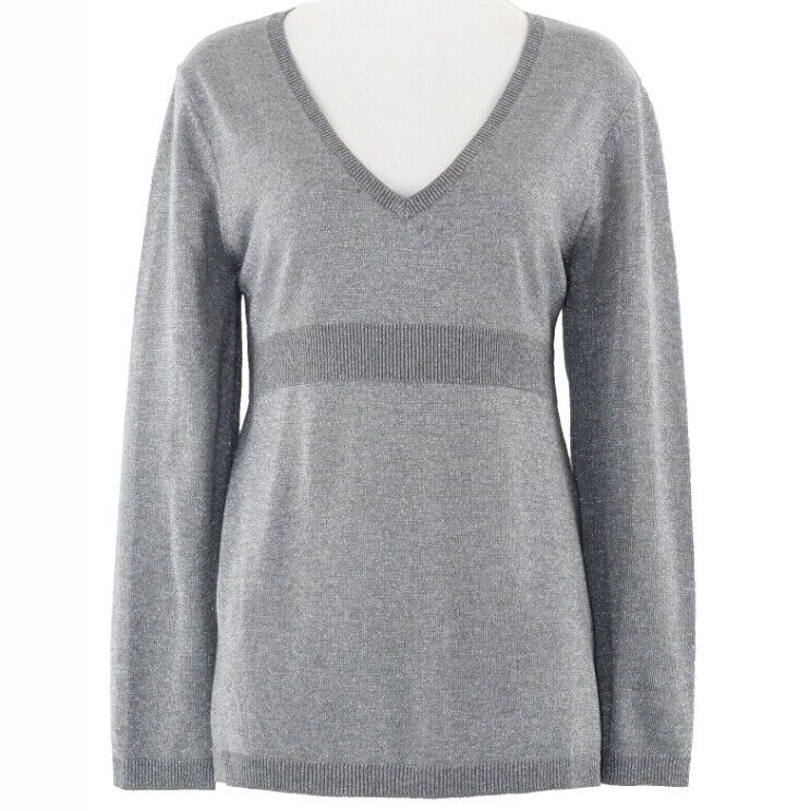 New York & Co Sz L Gray Silver Metallic V Neck Texture Poly Acrylic Sweater