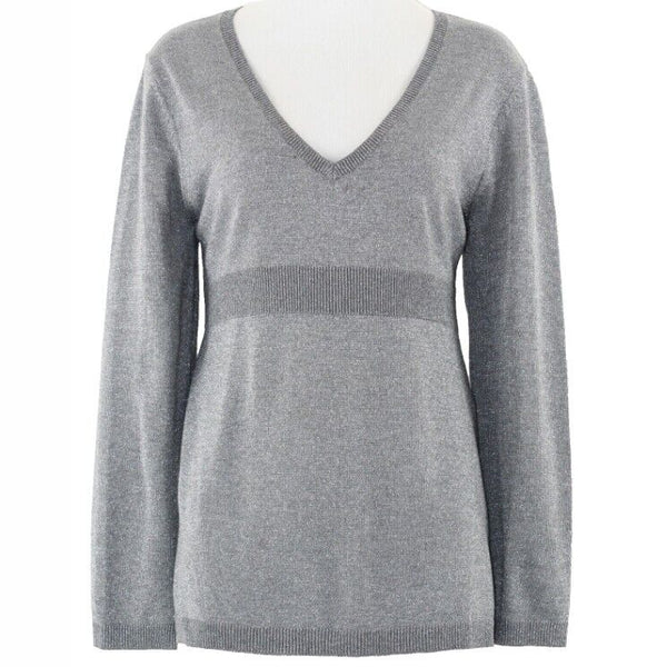 New York & Co Sz L Gray Silver Metallic V Neck Texture Poly Acrylic Sweater