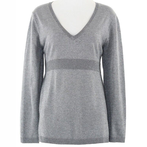 New York & Co Sz L Gray Silver Metallic V Neck Texture Poly Acrylic Sweater