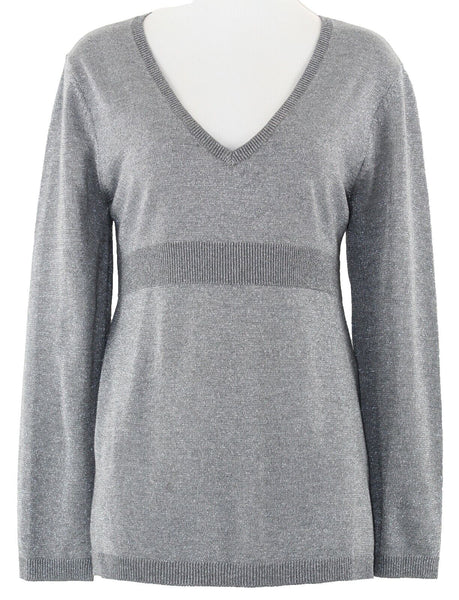 New York & Co Sz L Gray Silver Metallic V Neck Texture Poly Acrylic Sweater
