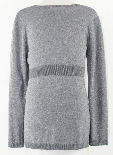 New York & Co Sz L Gray Silver Metallic V Neck Texture Poly Acrylic Sweater