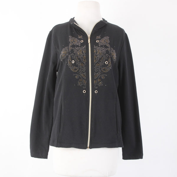 Onque Casuals Jacket Sz S Black Tan Embellishments Pockets No Fabric Jacket