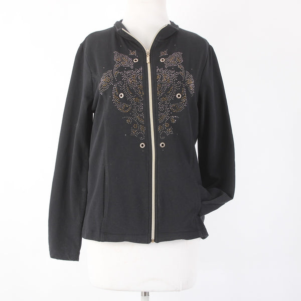 Onque Casuals Jacket Sz S Black Tan Embellishments Pockets No Fabric Jacket