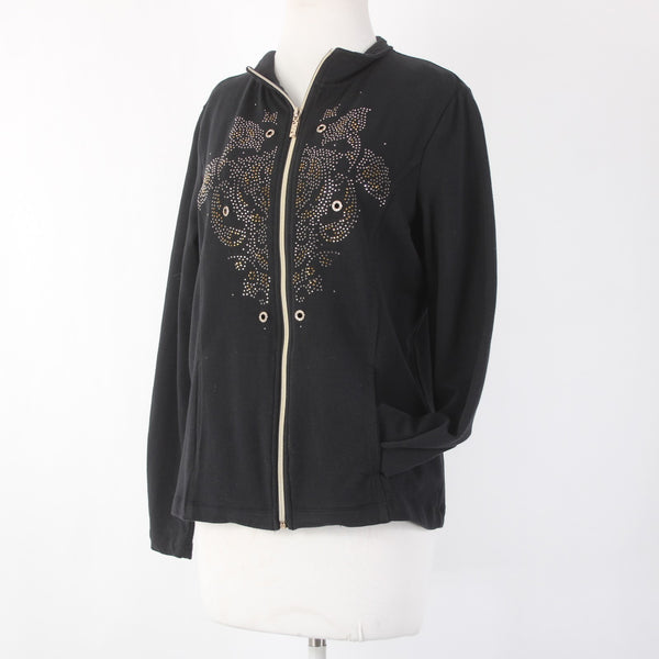 Onque Casuals Jacket Sz S Black Tan Embellishments Pockets No Fabric Jacket