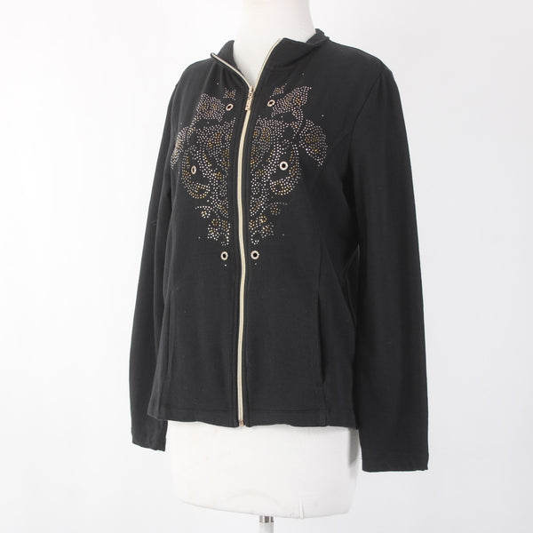 Onque Casuals Jacket Sz S Black Tan Embellishments Pockets No Fabric Jacket