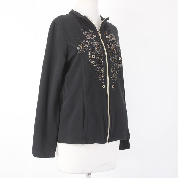 Onque Casuals Jacket Sz S Black Tan Embellishments Pockets No Fabric Jacket