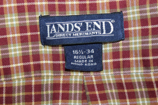 Land's End Sz 16.5 34 Burgundy Cream Multi Plaid 100% Cotton Men's Shirt