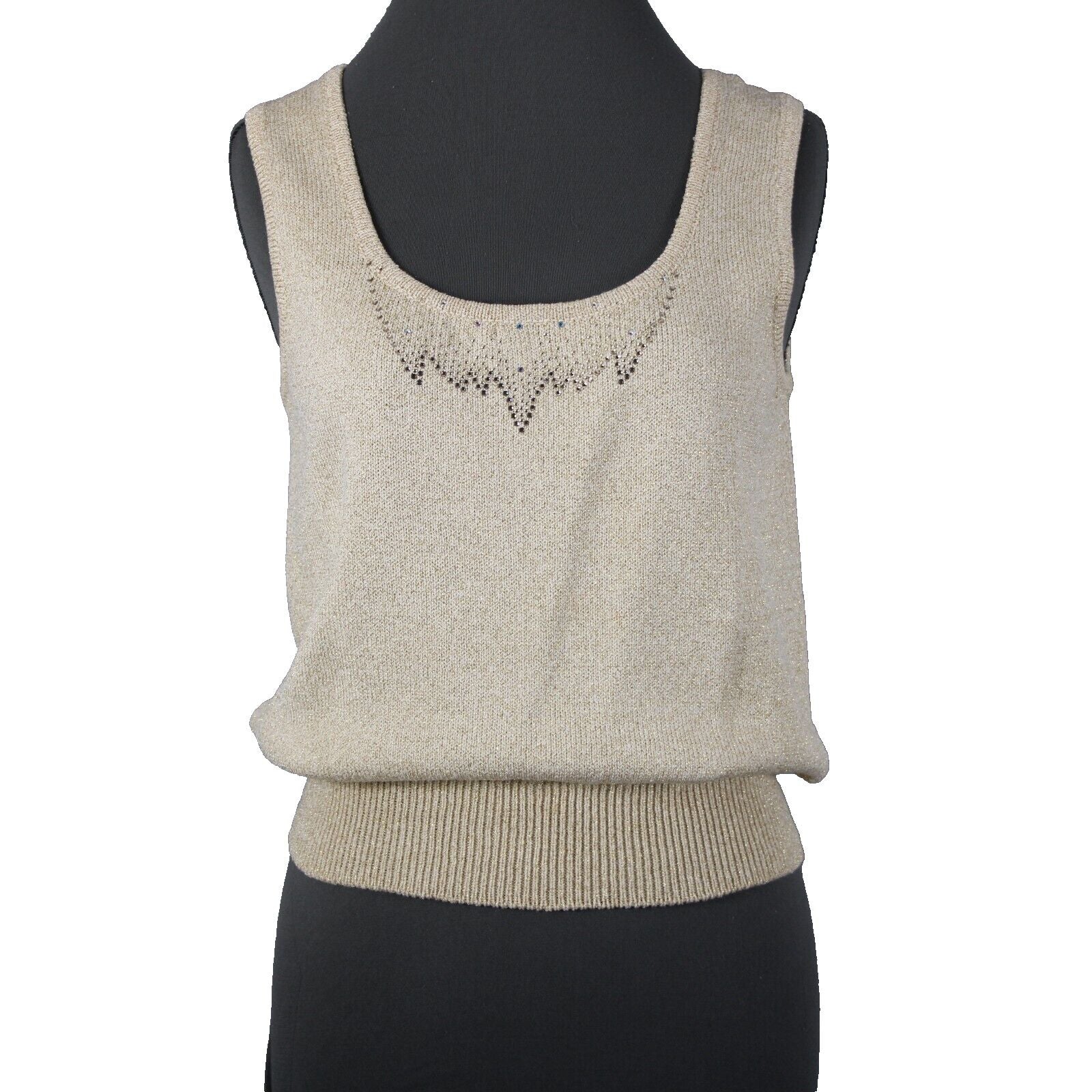 Toula Sz 4 Tan Gold Rhinestones Metallic Ribbed Tank Wool Rayon Top