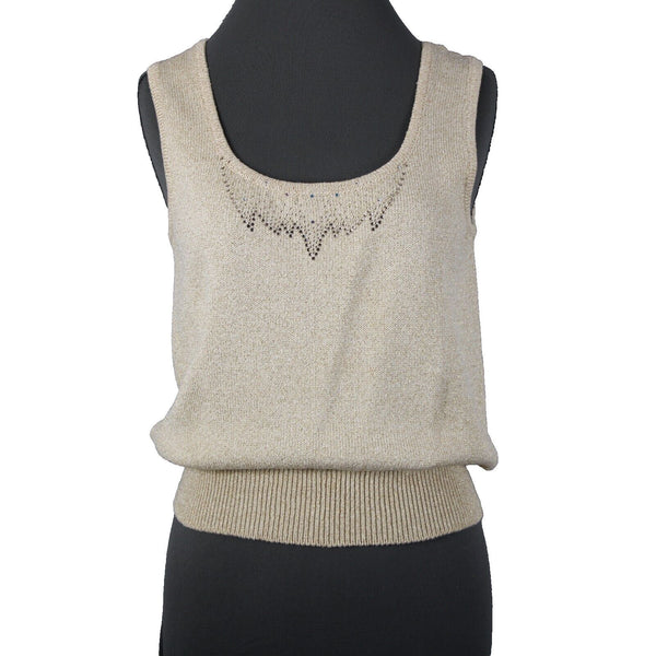 Toula Sz 4 Tan Gold Rhinestones Metallic Ribbed Tank Wool Rayon Top