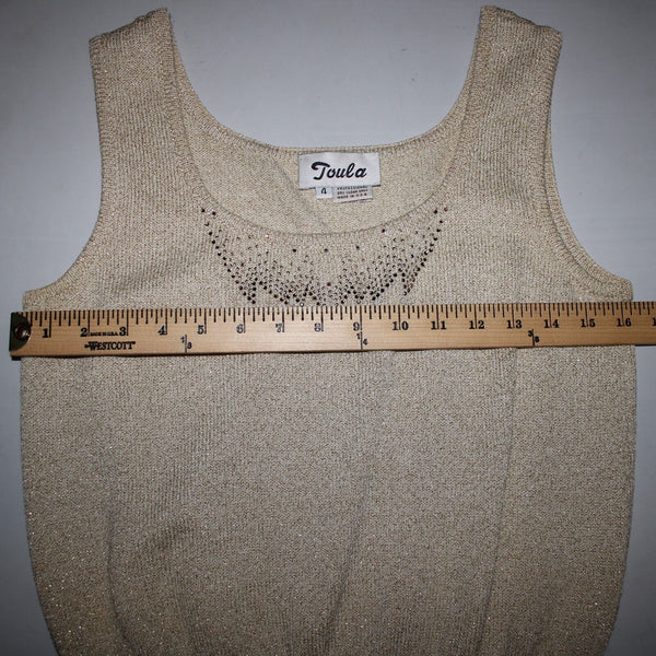 Toula Sz 4 Tan Gold Rhinestones Metallic Ribbed Tank Wool Rayon Top
