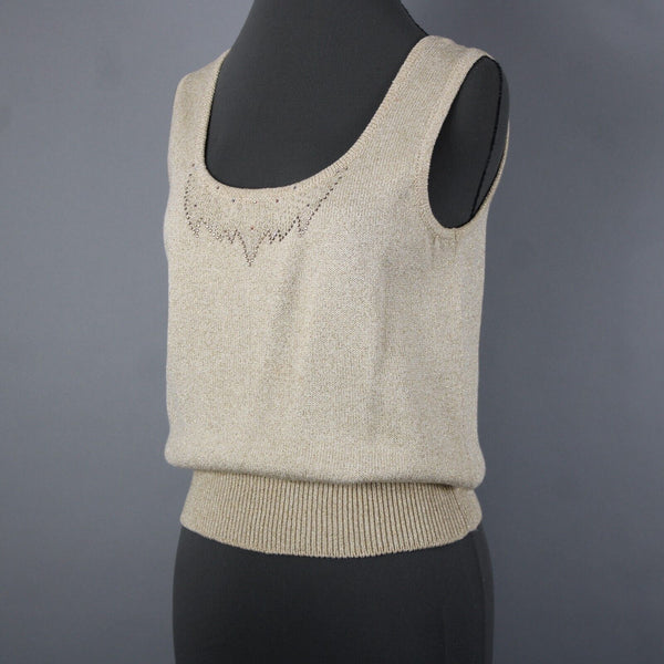 Toula Sz 4 Tan Gold Rhinestones Metallic Ribbed Tank Wool Rayon Top