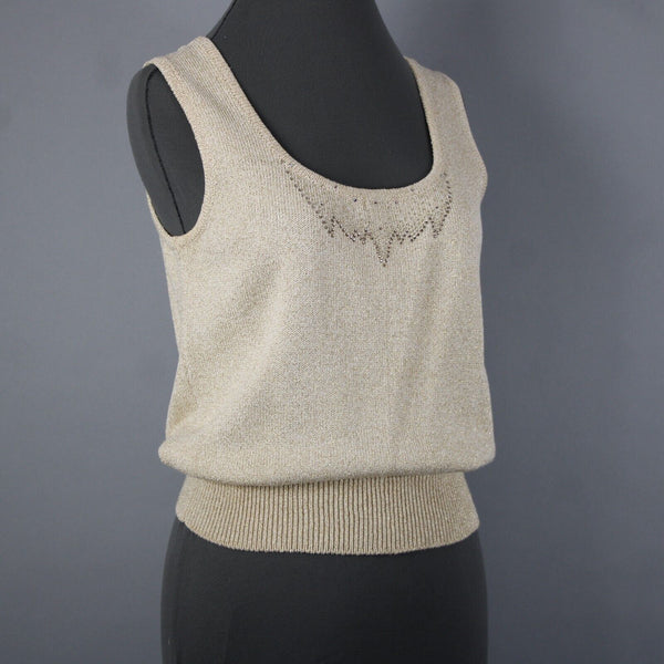 Toula Sz 4 Tan Gold Rhinestones Metallic Ribbed Tank Wool Rayon Top