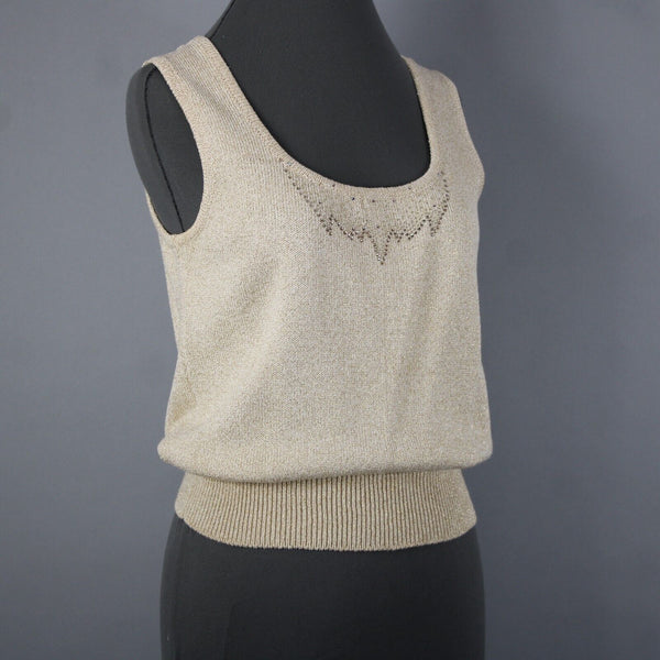 Toula Sz 4 Tan Gold Rhinestones Metallic Ribbed Tank Wool Rayon Top