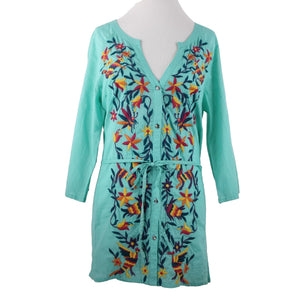 Double D Ranch Sz M Aqua Blue Multi Embroidered V Neck Button 100% Cotton Top