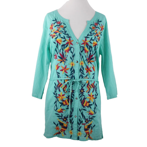 Double D Ranch Sz M Aqua Blue Multi Embroidered V Neck Button 100% Cotton Top
