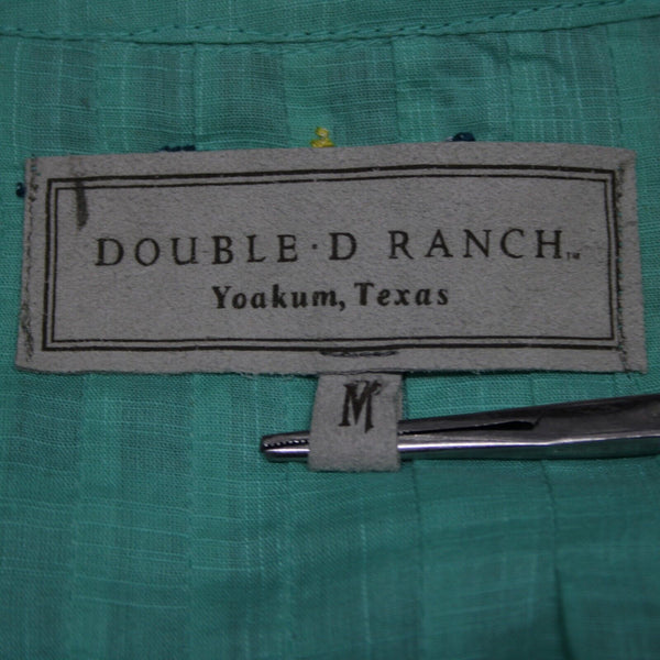 Double D Ranch Sz M Aqua Blue Multi Embroidered V Neck Button 100% Cotton Top