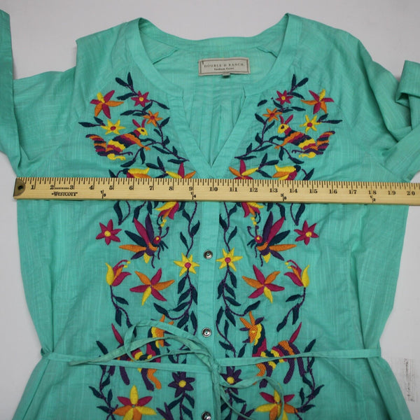 Double D Ranch Sz M Aqua Blue Multi Embroidered V Neck Button 100% Cotton Top