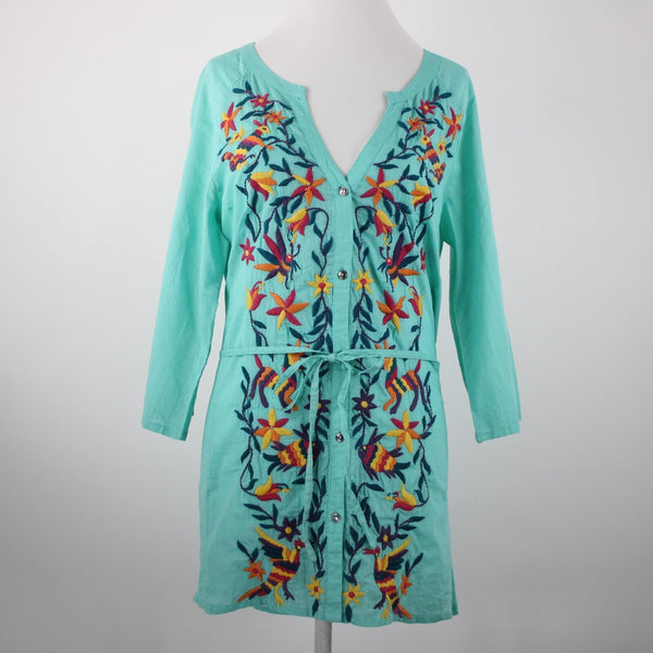 Double D Ranch Sz M Aqua Blue Multi Embroidered V Neck Button 100% Cotton Top