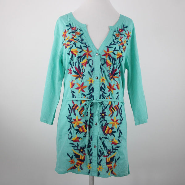 Double D Ranch Sz M Aqua Blue Multi Embroidered V Neck Button 100% Cotton Top
