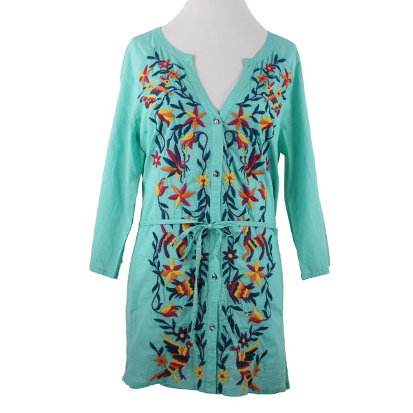 Double D Ranch Sz M Aqua Blue Multi Embroidered V Neck Button 100% Cotton Top