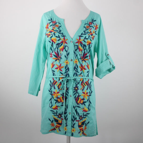 Double D Ranch Sz M Aqua Blue Multi Embroidered V Neck Button 100% Cotton Top