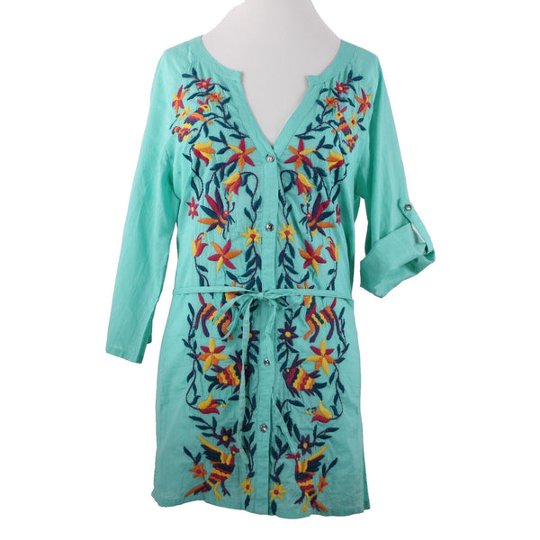 Double D Ranch Sz M Aqua Blue Multi Embroidered V Neck Button 100% Cotton Top