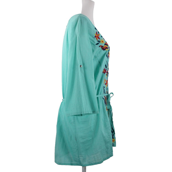 Double D Ranch Sz M Aqua Blue Multi Embroidered V Neck Button 100% Cotton Top