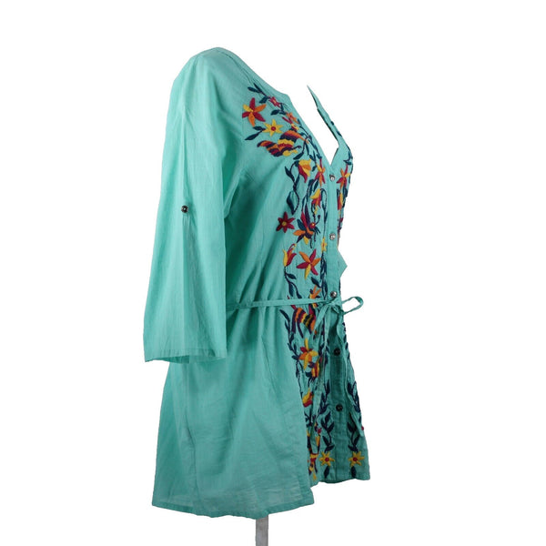 Double D Ranch Sz M Aqua Blue Multi Embroidered V Neck Button 100% Cotton Top
