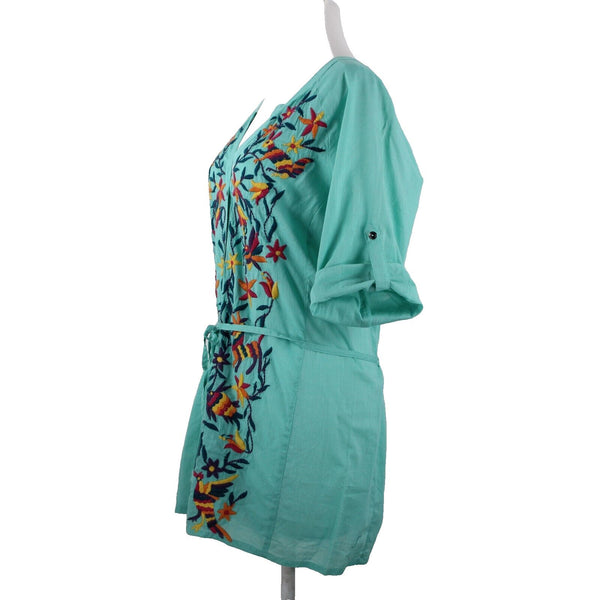 Double D Ranch Sz M Aqua Blue Multi Embroidered V Neck Button 100% Cotton Top