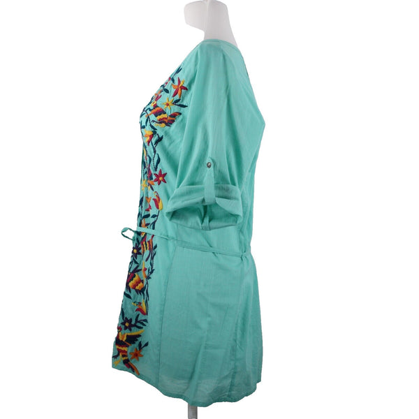 Double D Ranch Sz M Aqua Blue Multi Embroidered V Neck Button 100% Cotton Top