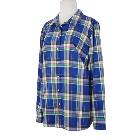 Talbots Sz L Royal Blue Multi Color Top Stitch Button Front 100% Cotton Top