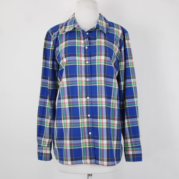 Talbots Sz L Royal Blue Multi Color Top Stitch Button Front 100% Cotton Top