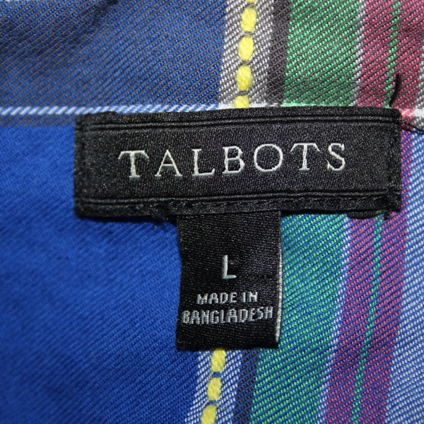 Talbots Sz L Royal Blue Multi Color Top Stitch Button Front 100% Cotton Top