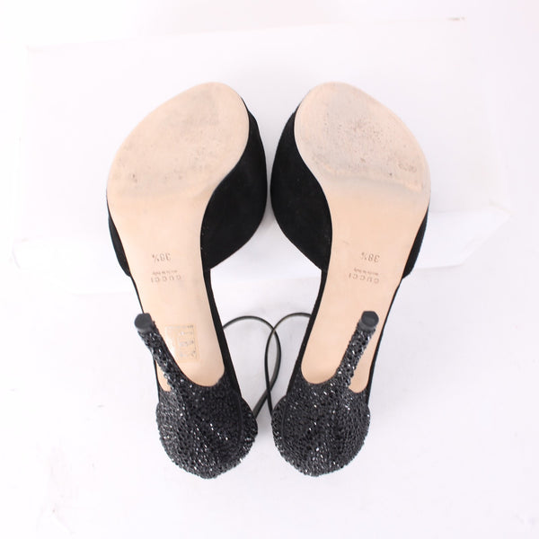 Gucci Heels $1100 Scamosciato NEW Sz 38.5 Black Rhinestone Suede Pltfrm 5" Heels