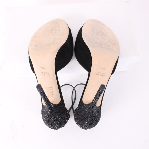 Gucci Heels $1100 Scamosciato NEW Sz 38.5 Black Rhinestone Suede Pltfrm 5" Heels
