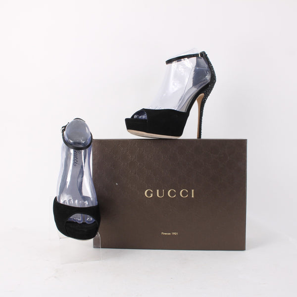 Gucci Heels $1100 Scamosciato NEW Sz 38.5 Black Rhinestone Suede Pltfrm 5" Heels