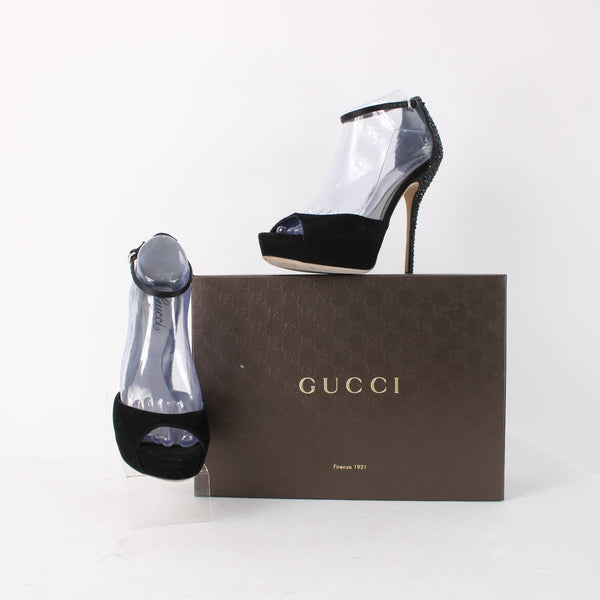Gucci Heels $1100 Scamosciato NEW Sz 38.5 Black Rhinestone Suede Pltfrm 5" Heels