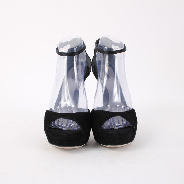 Gucci Heels $1100 Scamosciato NEW Sz 38.5 Black Rhinestone Suede Pltfrm 5" Heels