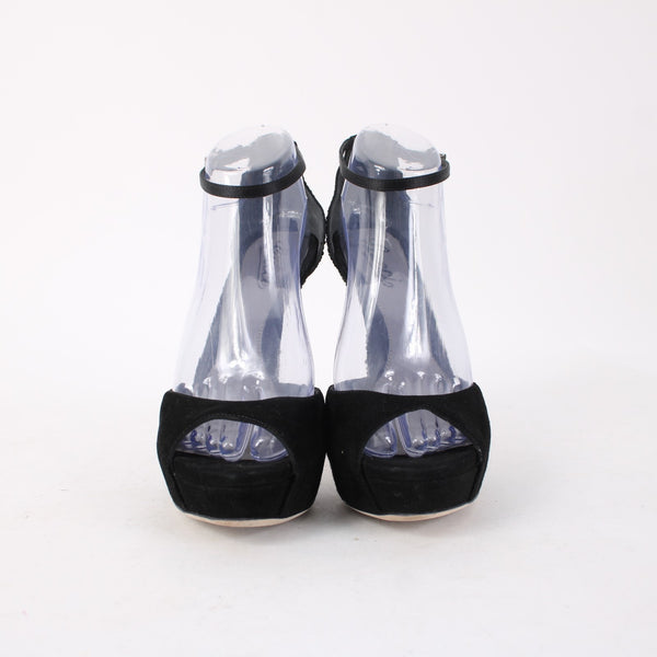 Gucci Heels $1100 Scamosciato NEW Sz 38.5 Black Rhinestone Suede Pltfrm 5" Heels