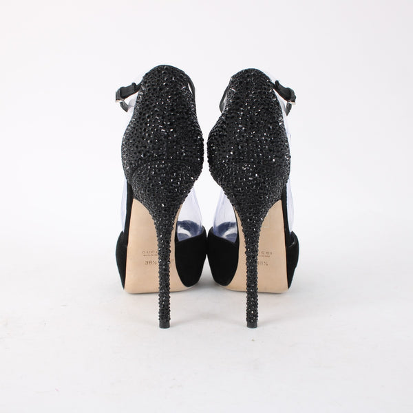 Gucci Heels $1100 Scamosciato NEW Sz 38.5 Black Rhinestone Suede Pltfrm 5" Heels