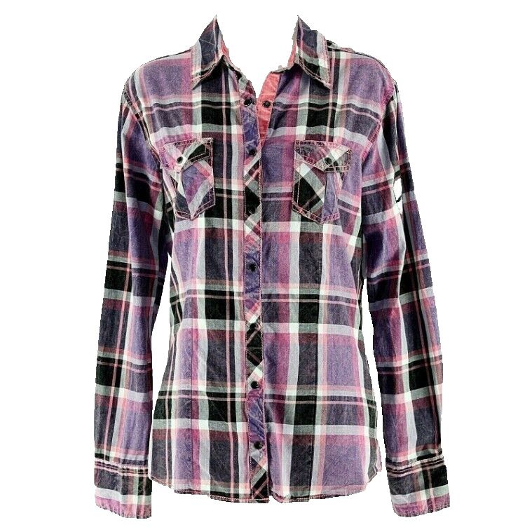 Cowgirl Up CG Sz M Purple Pink Multi Plaid Black Faceted Snap 100% Cotton Top