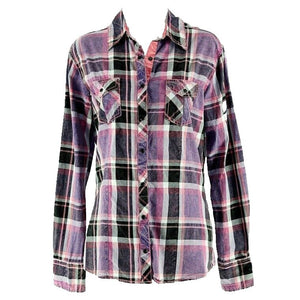 Cowgirl Up CG Sz M Purple Pink Multi Plaid Black Faceted Snap 100% Cotton Top