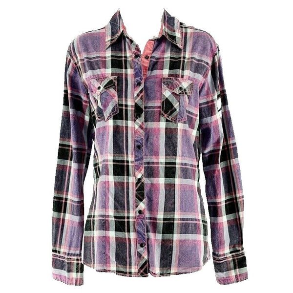 Cowgirl Up CG Sz M Purple Pink Multi Plaid Black Faceted Snap 100% Cotton Top