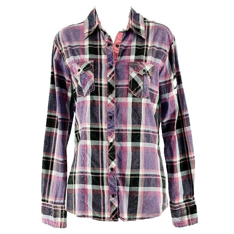 Cowgirl Up CG Sz M Purple Pink Multi Plaid Black Faceted Snap 100% Cotton Top