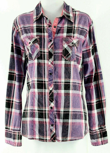 Cowgirl Up CG Sz M Purple Pink Multi Plaid Black Faceted Snap 100% Cotton Top