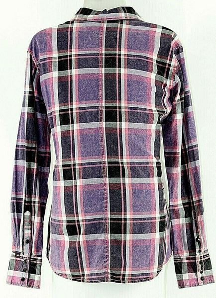 Cowgirl Up CG Sz M Purple Pink Multi Plaid Black Faceted Snap 100% Cotton Top
