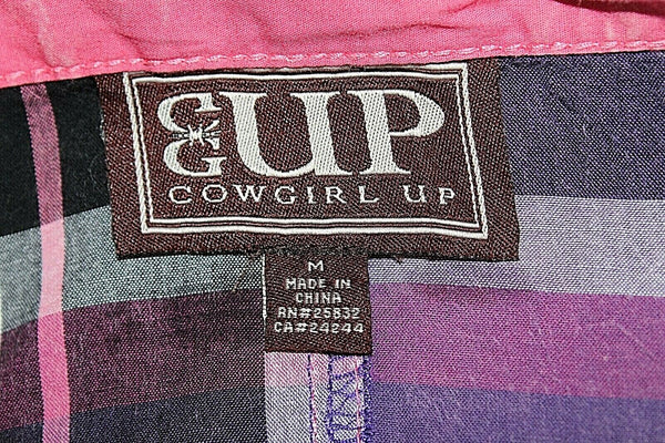 Cowgirl Up CG Sz M Purple Pink Multi Plaid Black Faceted Snap 100% Cotton Top