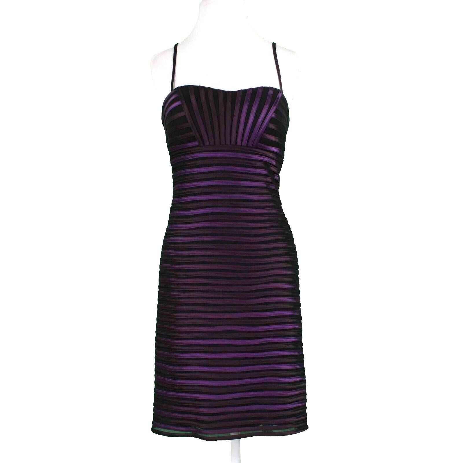 JS Collection Sz 6 Black & Purple Striped on Mesh Lined Poly Blend Bodycon Dress