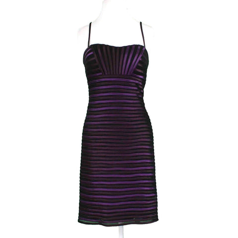 JS Collection Sz 6 Black & Purple Striped on Mesh Lined Poly Blend Bodycon Dress